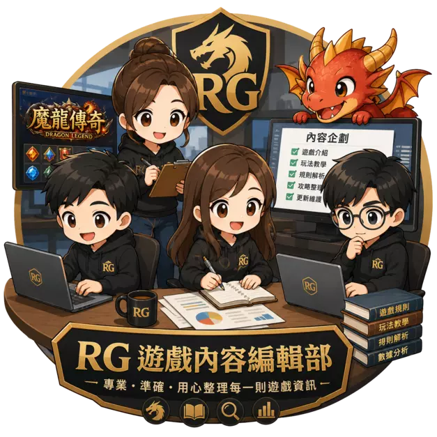 RG魔龍傳奇內容編輯團隊Q版形象圖，展示RG遊戲內容編輯部